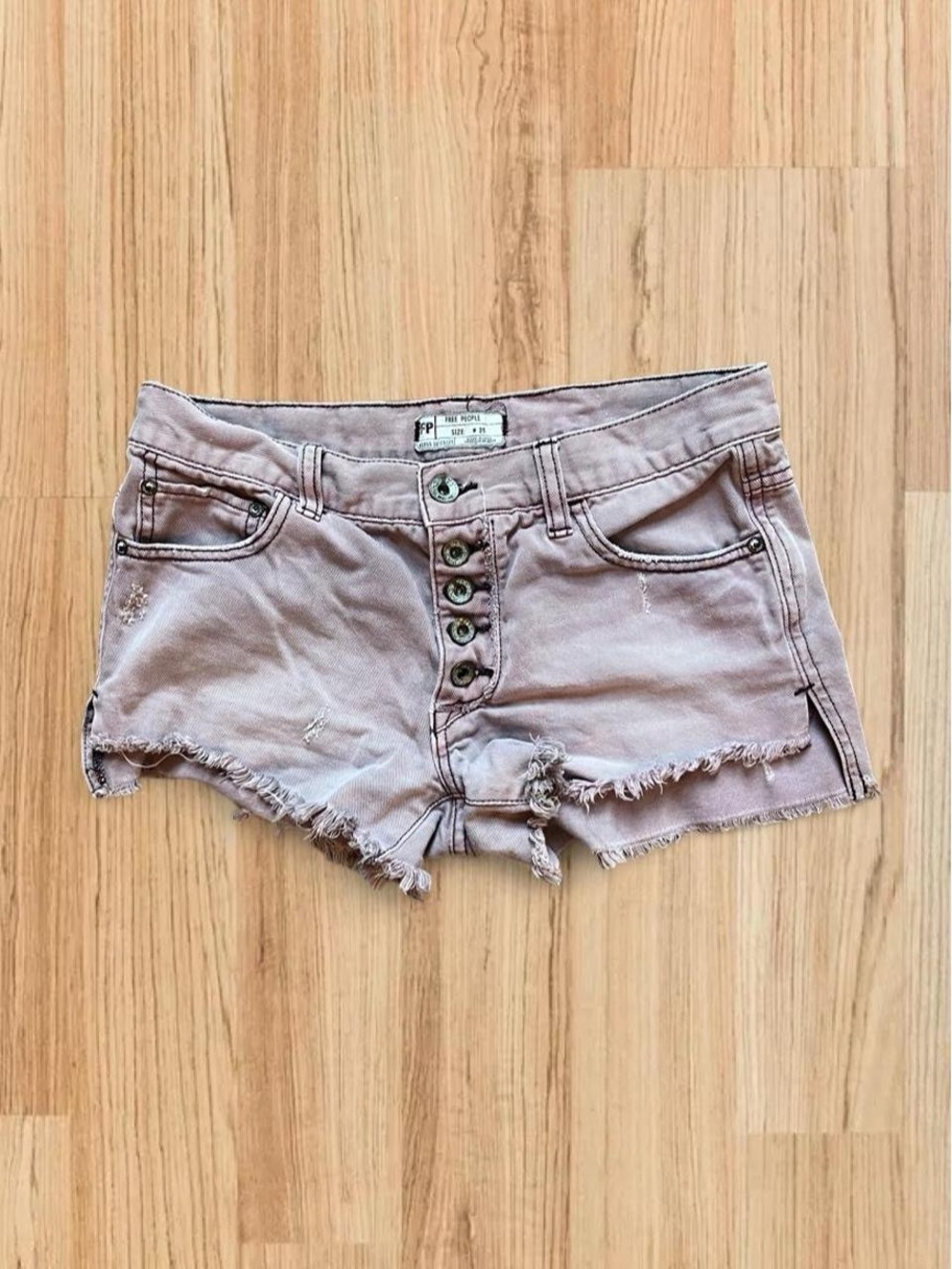 Free People Button-Front Distressed Jean Shorts in Light Mauve